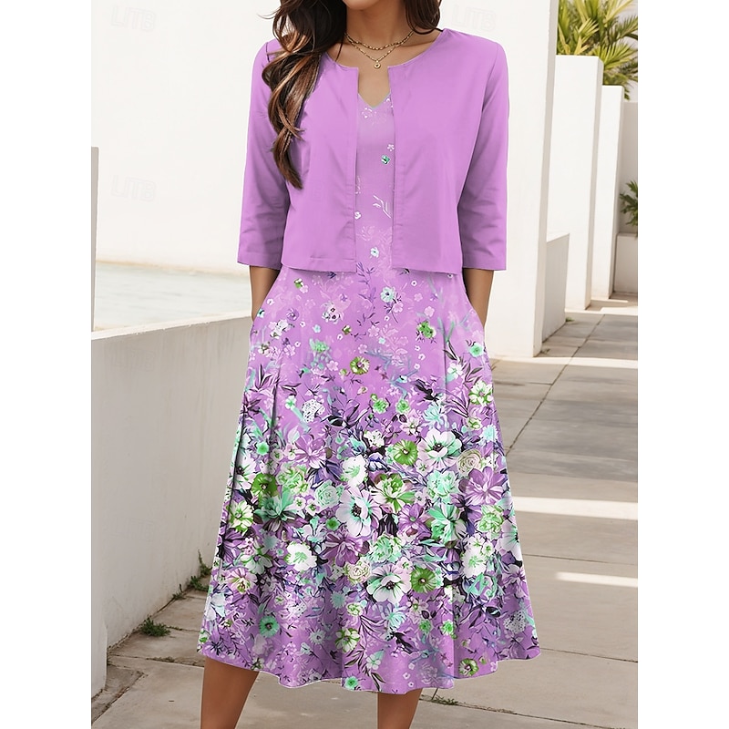 Women's Two Piece Dress Sets Midi Dress with Jacket Elegant A Line Dress Half Sleeve Casual Semi Formal Ombre Floral Print V Neck Date Yellow Pink Blue Regular Fit4