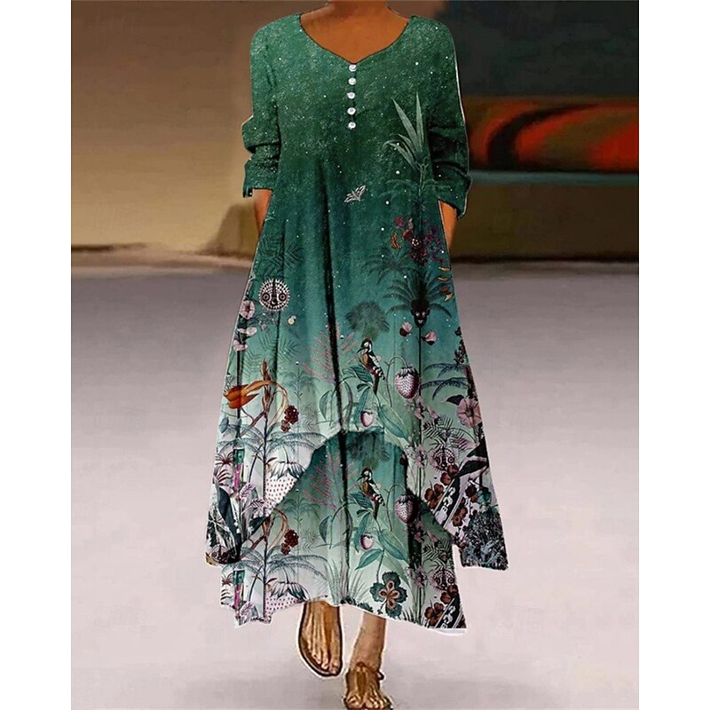 Women's Long Dress Maxi Dress Casual Dress Print Dress Fashion Modern Daily Beach Weekend Regular Fit Flower 3/4 Length Sleeve V Neck Light Green Dark Green Green Spring Fall3