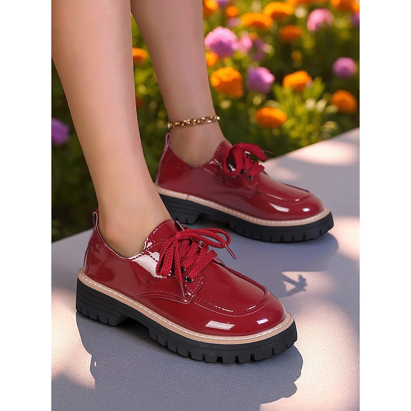 Women's Red Patent Leather Oxford Shoes – Chunky Sole Lace-Up Flats for Daily Wear, School & Urban Street Style2