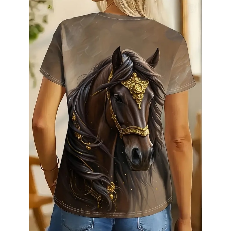 Women's T Shirt Graphic Animal Horse Vintage Fashion Stylish Short Sleeve Crew Neck Round Neck Regular Tops Daily Weekend Print Light Brown Blue Dusty Blue Summer Spring4