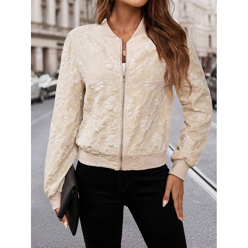 Women's Casual Jacket Comfortable Breathable Full Zip Fashion Casual Floral Casual Daily Regular Notch Lapel Regular Fit Long Sleeve Outerwear Beige Fall Winter3