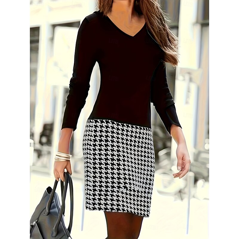 Women's Mini Dress Print Dress Fashion Modern Daily Tea Party Going out Loose Fit Color Block Houndstooth Long Sleeve V Neck Black Spring Fall