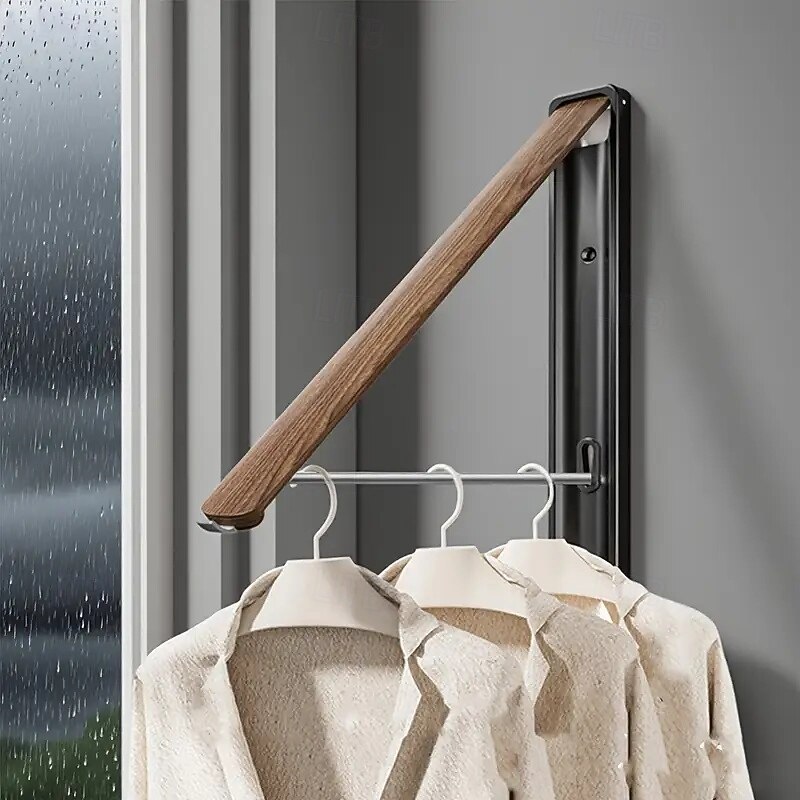 Invisible Folding Clothes Drying Rack Wood Space Aluminum Material Folding Clothes Drying Rack Telescopic Rod Wall Hanging Frame for Balcony/Kitchen/Bathroom/Bedroom/Wardrobe2