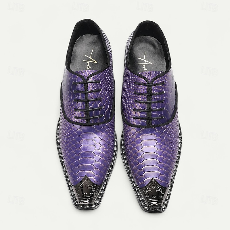 Men's Purple Snake-Patterned Dress Shoes - Stylish Premium Cowhide Oxford Shoes for Evening Events and Fashion Lovers4