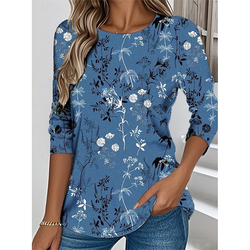 Women's T shirt Long Sleeve Crew Neck Long Sleeve Tunic Floral Graphic Vintage Stylish Classic Round Neck Regular Tops Daily Print Blue Brown Gray Fall Prefall