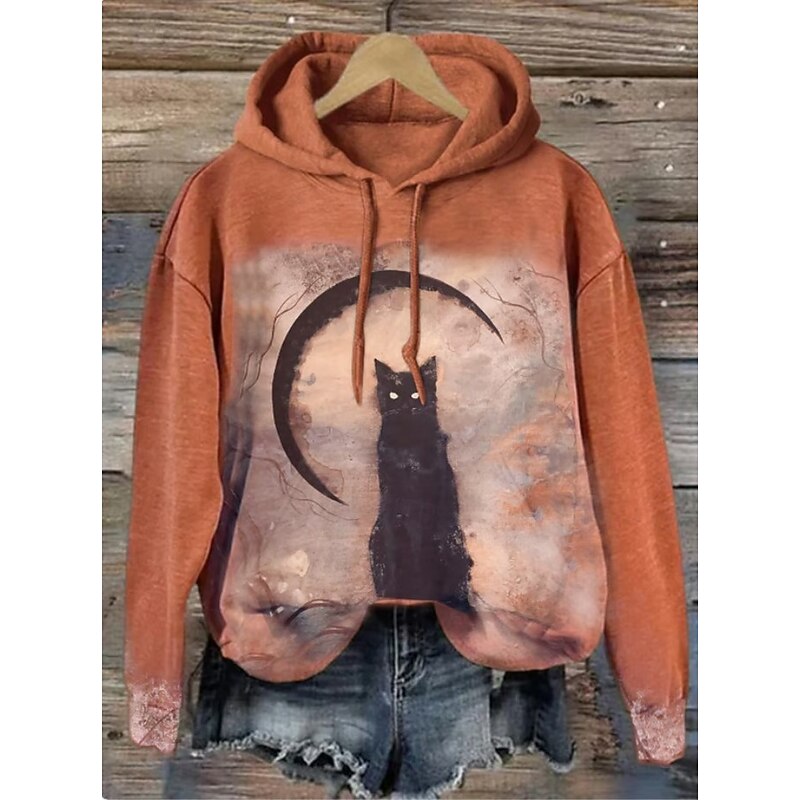 Halloween Women's Hoodie Pullover Sweatshirt Oversized Long Sleeve Casual Black Cat Graphic Cat Fashion Print Hooded Street Dailywear Drawstring Print Black Orange Dark Blue Gray Fall Winter2