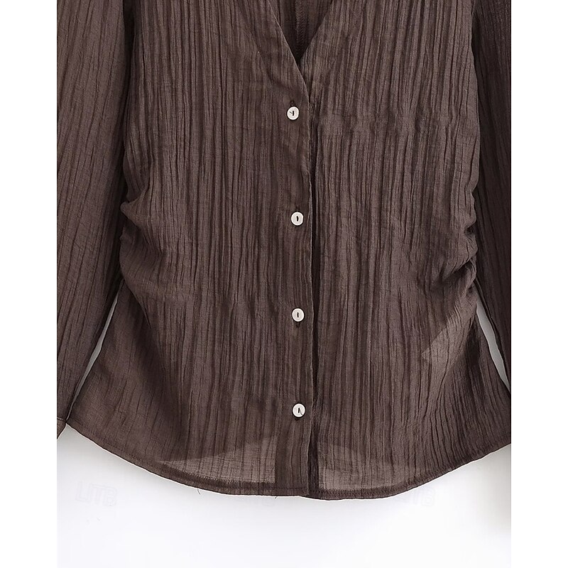 Women's Shirt Texture Blouse Summer Tops Plain Daily Stylish Basic Long Sleeve Shirt Collar Regular Tops Work Daily Holiday Buttons Brown Spring Fall4