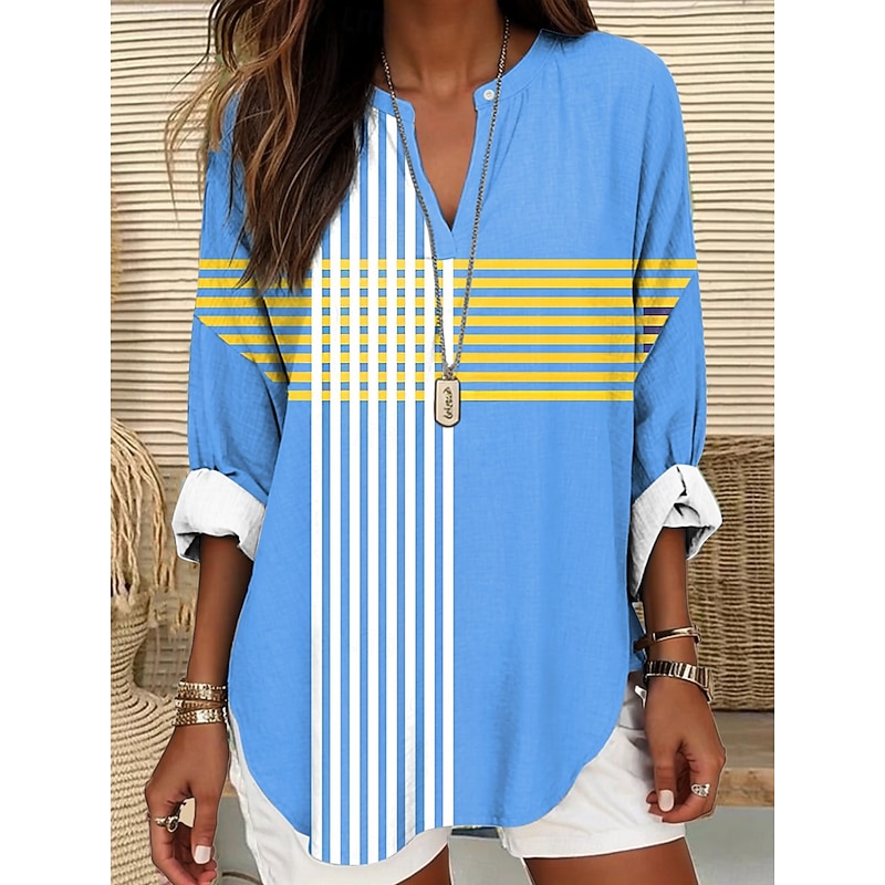 Women's Blouse Tunic V Neck Long Sleeve Boho Casual Summer Tops Graphic Geometric Bohemia Active Vintage Regular Tops Work Daily Print Yellow Red Blue Khaki Gray4
