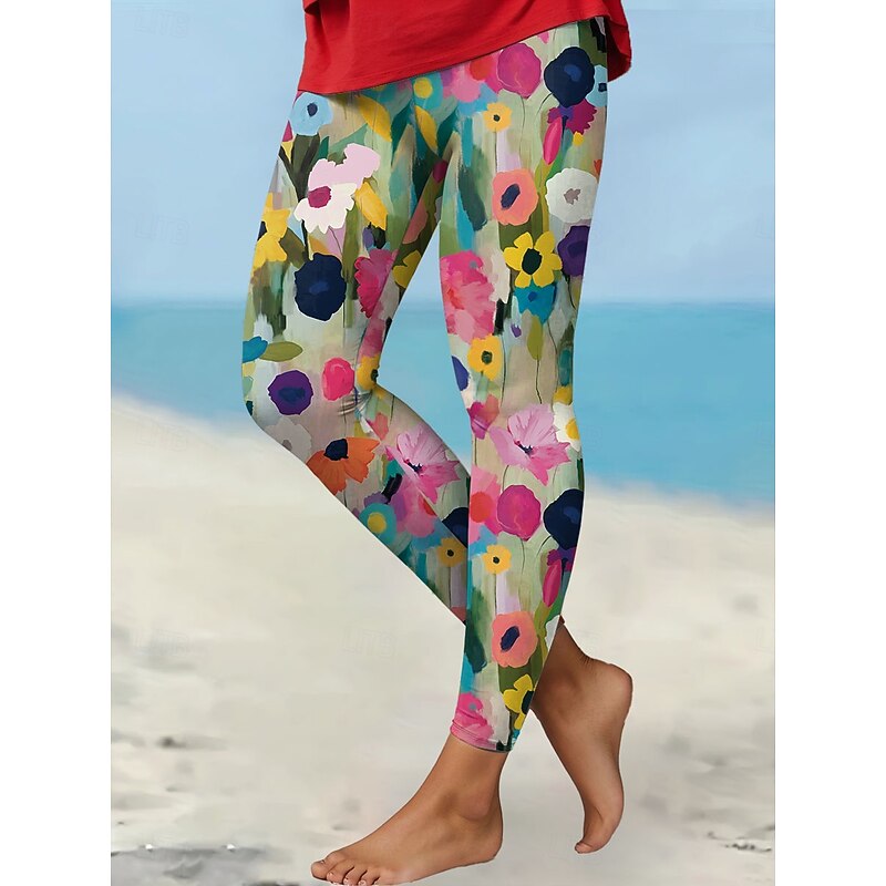 Women's Leggings Vacation Vintage Fashion Ankle-Length High Waist Floral Graphic Printing Soft Breathable Stretchy Formal Outdoor Vacation Robin's Egg Blue Red Amethyst Spring Fall Winter Regular Fit