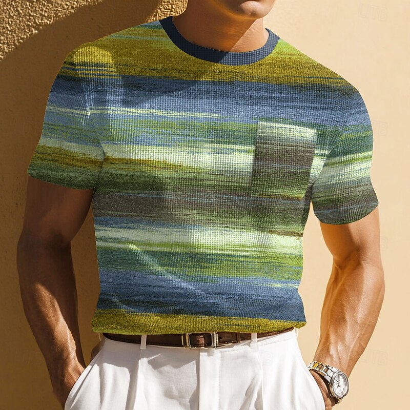 Men's Geometric Stripe Waffle Shirt Short Sleeve T shirt 3D Print Crew Neck Shirt Fashion Daily Designer Street Casual Daily Blue Purple Green Summer Spring Clothing Apparel S M L XL XXL XXXL3
