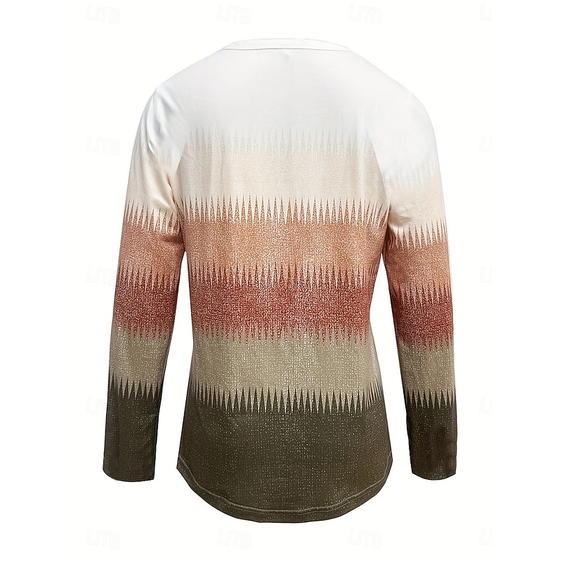 Women's Tunic T Shirt Ombre Graphic Geometric Vintage Stylish Classic Long Sleeve Crew Neck Round Neck Regular Tops Daily Going out Weekend Buttons Print Blue Brown Khaki Spring Fall Winter3
