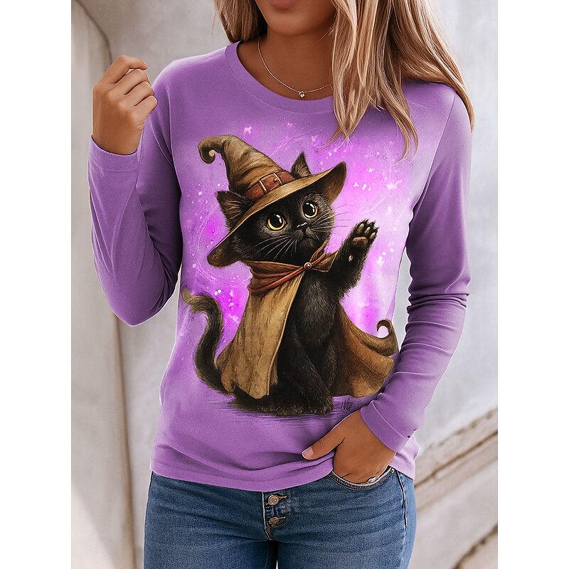 Halloween Women's T shirt Black Cat Crew Neck Long Sleeve Tunic Graphic Cat Vintage Stylish Classic Regular Tops Daily Print Blue Purple Green Khaki Spring Fall3