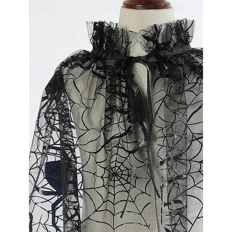 Women's Halloween Spider Web Cape – Sheer Black Mesh Shawl with Ruffled Collar, Lightweight Polyester Cloak for Costume Party, Cosplay and Witch Outfit4
