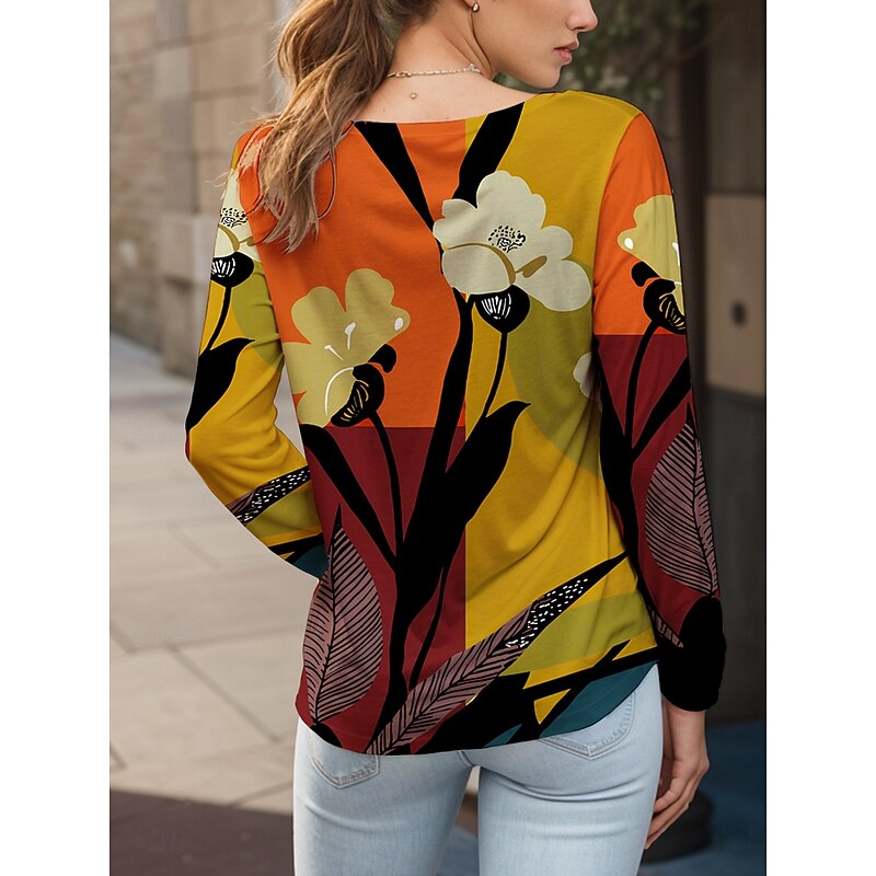 Women's T shirt Crew Neck Long Sleeve Tunic Floral Graphic Geometric Vintage Stylish Classic  Round Neck Regular Tops Daily Print Yellow Red Blue Purple Orange Fall2