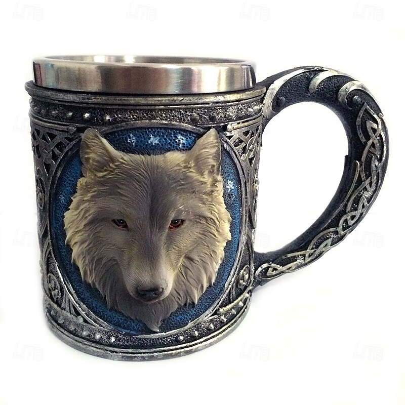 Stainless Steel Mug 3D Wolf King Design Vintage Double Wall Coffee Cup Unique Animal Head Tankard Water Mug for Men Birthday Gift Home Office Drinkware Decor2