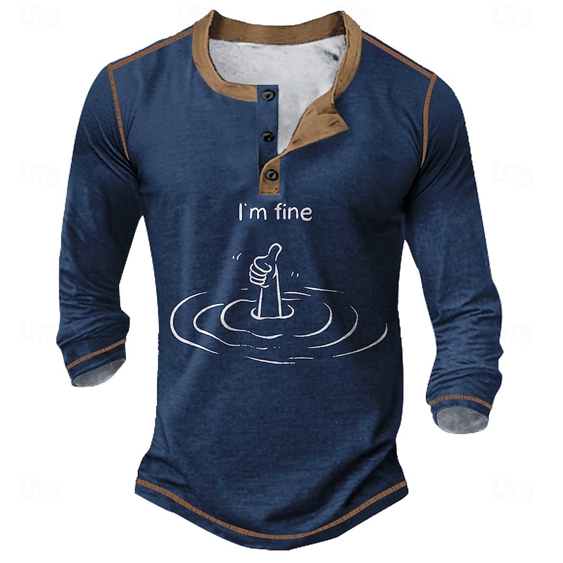 Men's Long Sleeve Henley Shirt with 'I'm Fine' Sinking Hand Graphic, Funny Ironic Lifestyle Tee