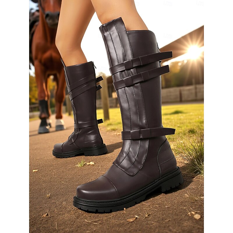 Women's Brown Knee-High Riding Boots – Faux Leather Buckled Equestrian Combat Style for Fall Outdoor Adventures and Medieval-Inspired Cosplay