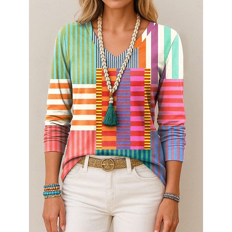 Women's T Shirt V Neck Long Sleeve Tunic Graphic Geometric Vintage Stylish Classic Regular Tops Daily Print Pink Green Summer Spring Fall