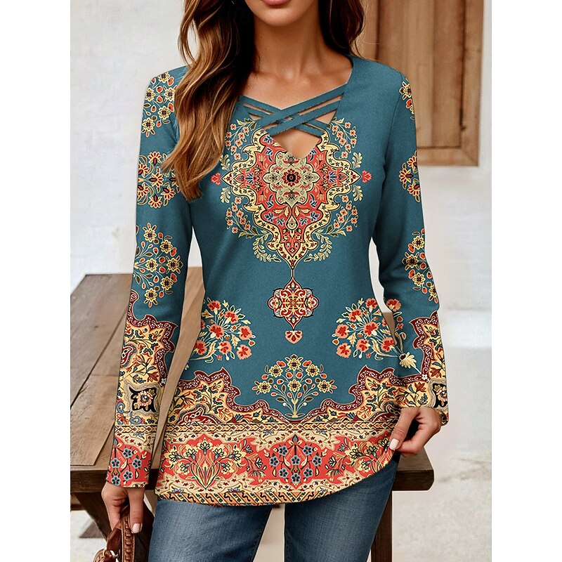 Women's T Shirt Graphic Geometric Paisley Vintage Stylish Classic Long Sleeve V Neck Regular Tops Daily Cut Out Print Dusty Blue Spring Fall