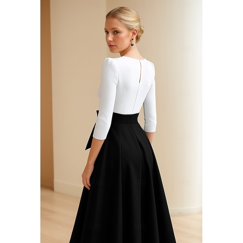 Black and White A-Line Cocktail Dresses Elegant Dress Formal Wedding Tea Length Midi Length Half Sleeve V Neck Pleats Satin with Pocket and Bow3