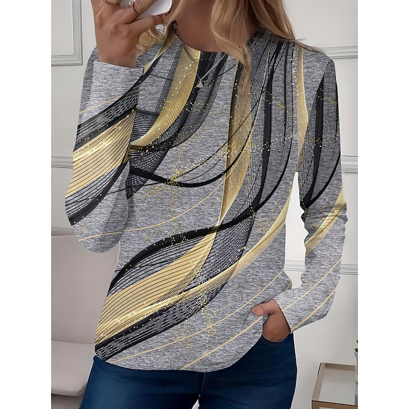 Women's T shirt Long Sleeve Crew Neck Long Sleeve Tunic Graphic Geometric Vintage Stylish Classic Round Neck Regular Tops Daily Print White Pink Green Khaki Light Grey Fall Prefall