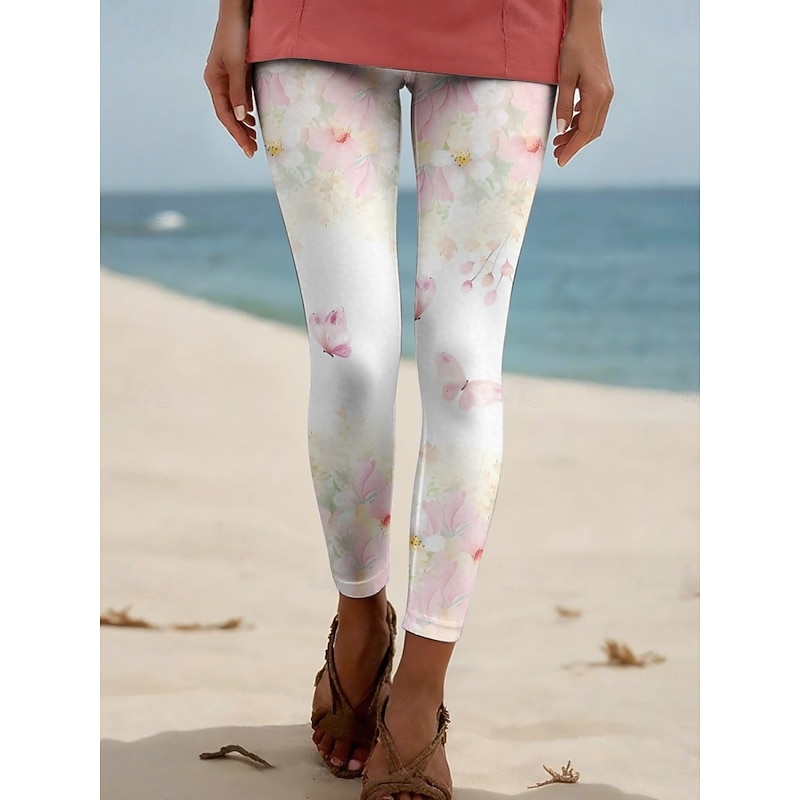 Women's Pants Trousers Leggings Cozy Leggings Streetwear Casual Full Length High Waist Floral Elastic Waist Print Breathability Comfortable Stretchy Vacation Street Daily Wear White Yellow Blue
