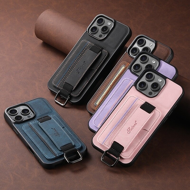 Phone Case For iPhone 17 Pro Max 17 Air 16 Pro Max Plus 15 Pro Max Plus 15 14 Pro Max Plus 16e Back Cover with Wrist Strap Kickstand Card Slot Retro TPU PU Leather