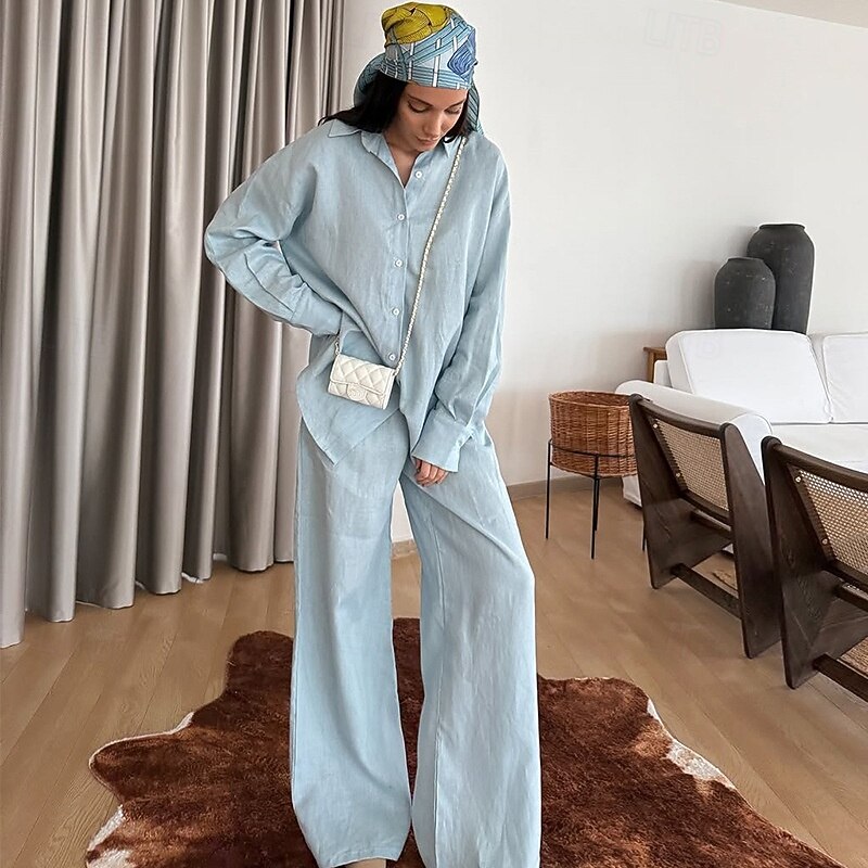 Women's Vacation Vintage Fashion Shirt Pants Sets Long Sleeve Shirt Collar Solid Color Vacation Casual Daily Blue Summer Loose Fit3