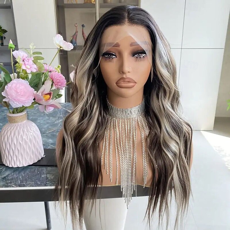 Brazilian Virgin  Remy Human Hair 5x5 Closure Wigs 13x4 Lace Front Wig Middle Part Wavy Ash Blonde Highlight Wig with Baby Hair Glueless Pre-Plucked for Women