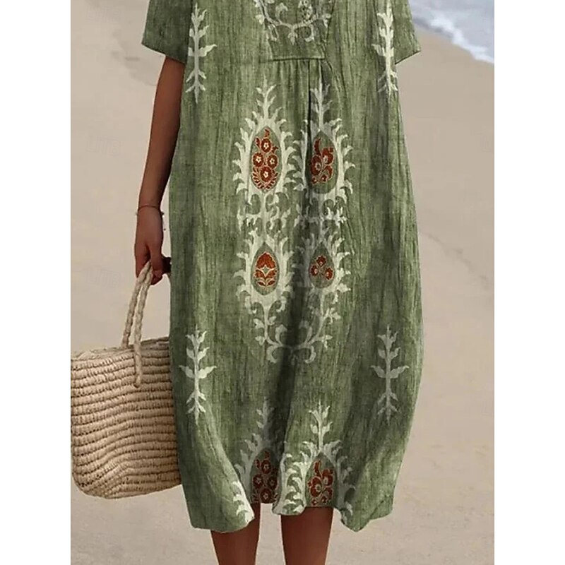 Women's Midi Dress Sundress A Line Dress Vacation Casual Beach Party Going out Beach Loose Fit Floral Graphic Tribal Short Sleeve V Neck Blue Green Summer Spring3