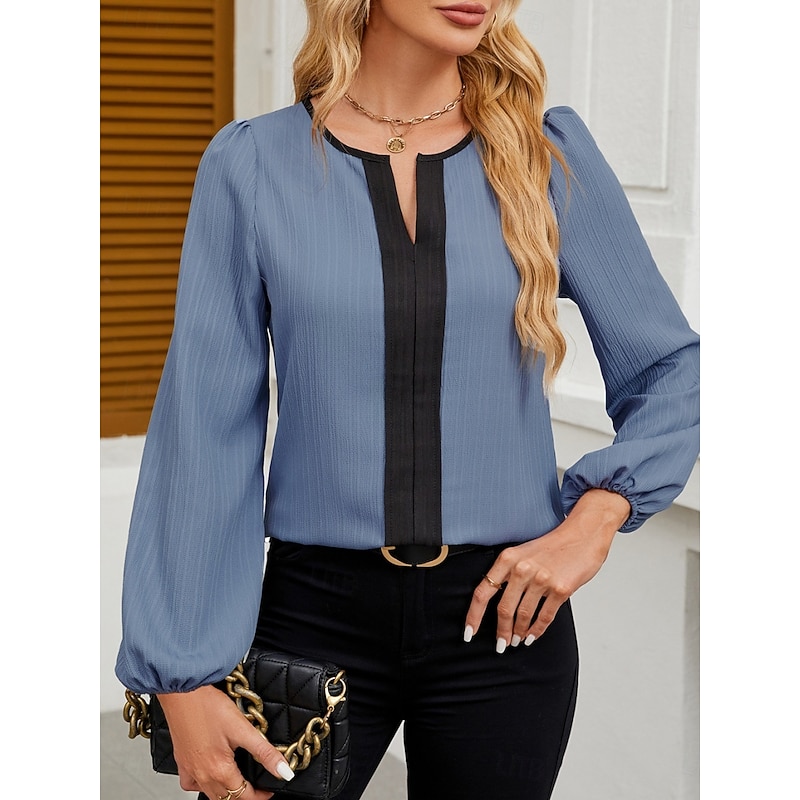 Women's Shirt Solid Color Stylish Casual Long Sleeve V Neck Regular Tops Daily Patchwork Pink Red Blue Apricot Spring Fall