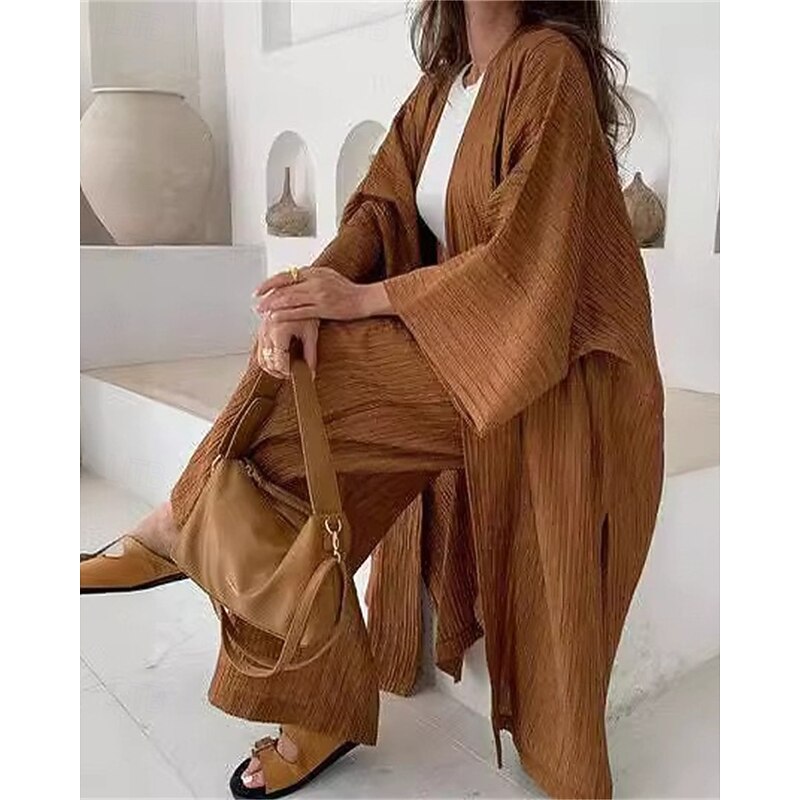 Women's Fashion Streetwear Pants Sets Long Sleeve Bell Sleeve V Neck Plain Daily Wear Date Brown Green Khaki Summer Regular Fit