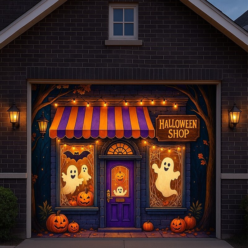 Halloween Garage Door Cover Pumpkin Shop Entrance Banner, Large Tapestry Backdrop Decoration for Holiday Outdoor Garage Door and Home Wall, 2025 Halloween Decorations