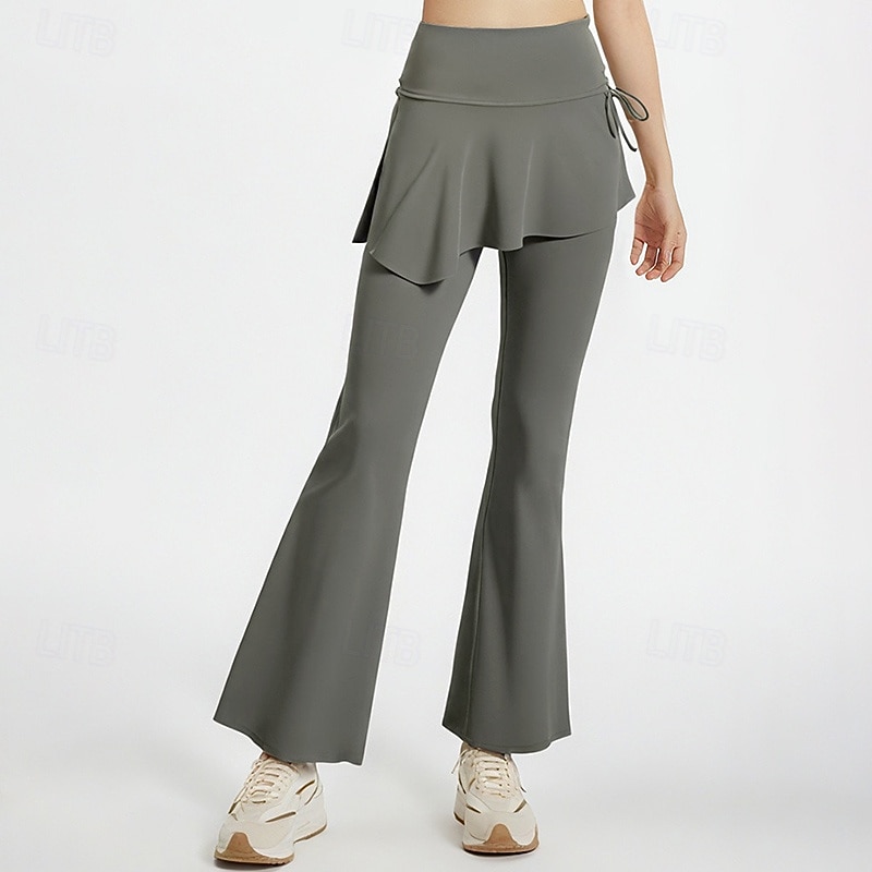 Women's Workout Pants Running Leggings Drawstring Pockets 2 in 1 Tummy Control High Waist Gym Pilates Zumba Bottoms Solid Color Black Coffee Grey Fall Sports Activewear Tight Fit2