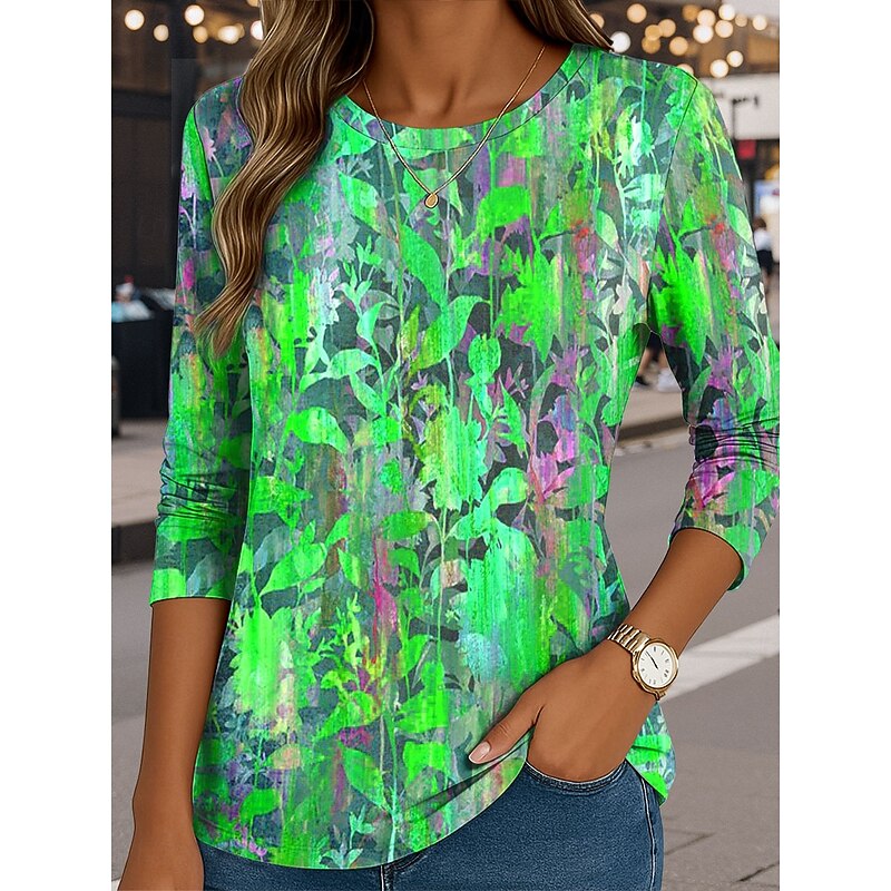 Women's T shirt Crew Neck Long Sleeve Tunic Floral Graphic Casual  Round Neck Regular Tops Daily Print Yellow Purple Green Fall4