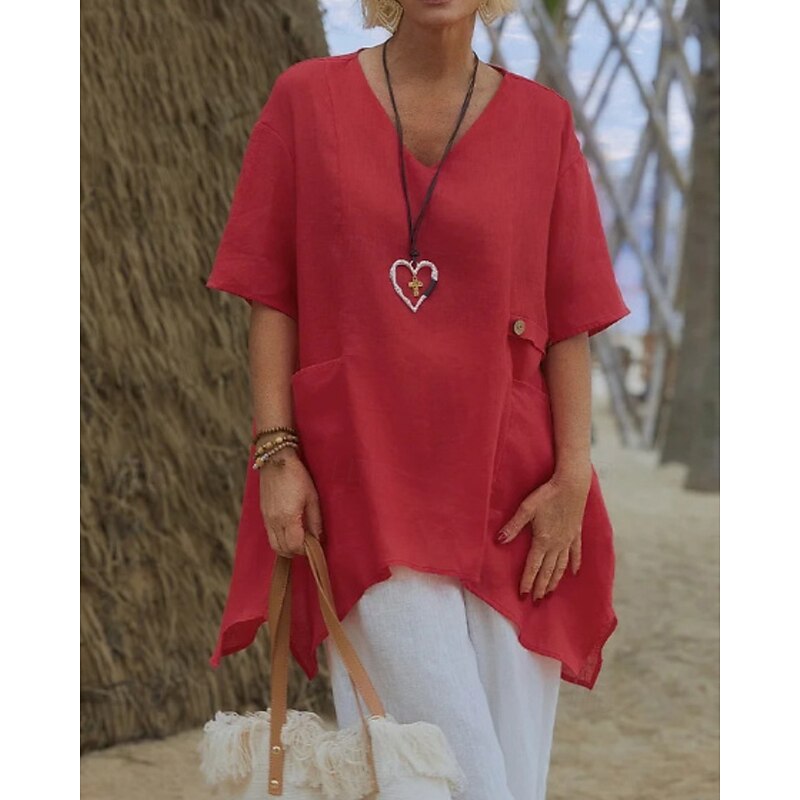 Women's Shirt Linen-Inspired Shirts Blouse Plain Modern Casual Half Sleeve V Neck Regular Tops Daily Going out Asymmetric White Red Green Apricot Summer