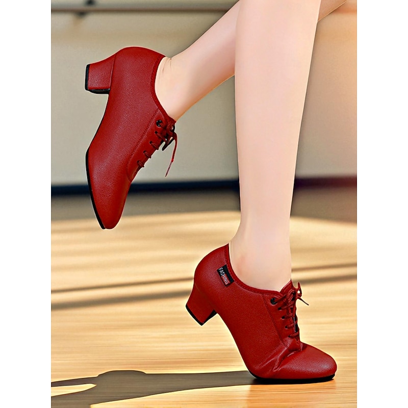 Women's Professional Dance Shoes - Burgundy Lace-Up Practice Heels with Comfortable Block Heel and Soft Leather Finish, Ideal for Ballroom, Latin and Jazz Dance Training2