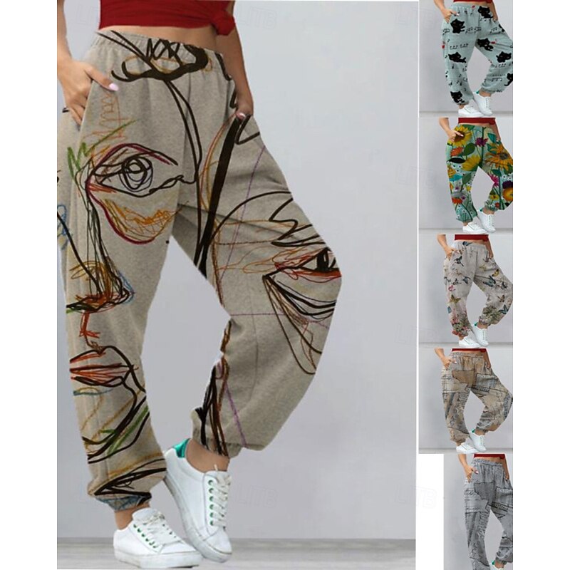 Women's Slacks Streetwear Casual Full Length Natural Flower Pocket Elastic Waist Printing Comfortable Street Holiday Daily Wear Apple Green Dark-Gray Yellow Blue Fall Regular Fit