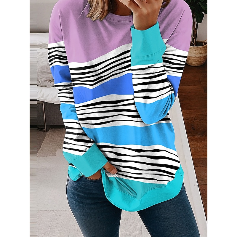 Women's Sweatshirts Graphic Geometric Striped Casual Long Sleeve Crew Neck Regular Tops Street Casual Holiday Print Light Green Blue Purple Green Spring Fall Winter3