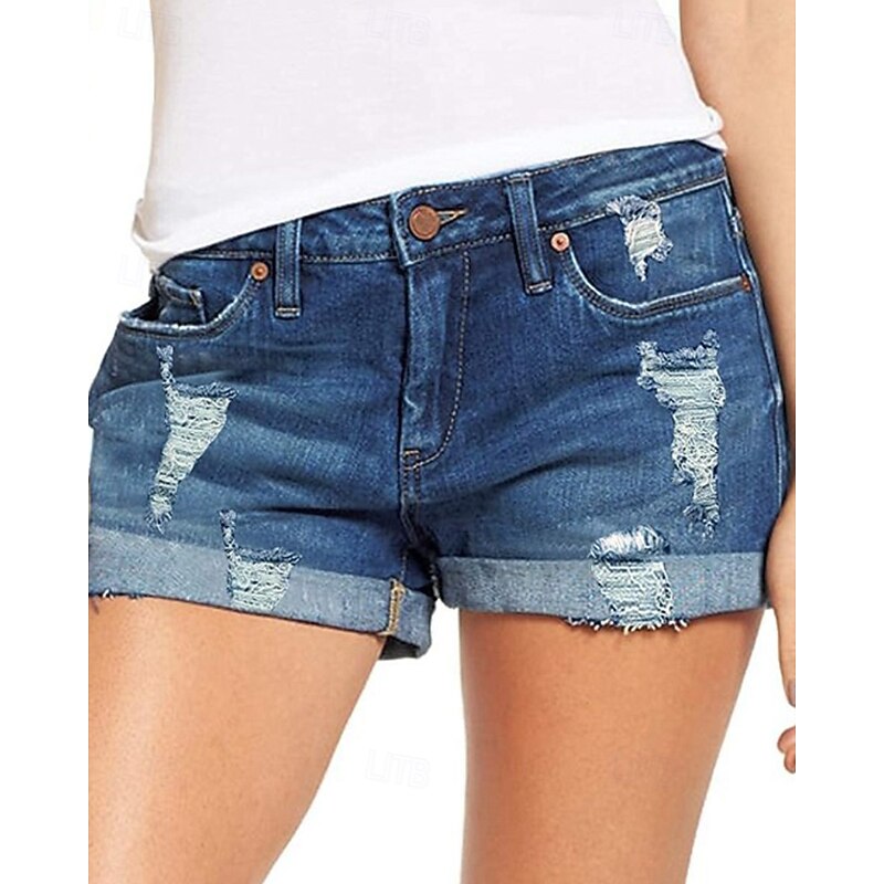 Women's Shorts Slacks Streetwear Casual Short Natural Plain Pocket Ripped Comfy Holiday Daily Wear Casual Daily Light Sky Blue Navy Black Summer Regular Fit