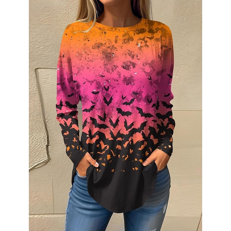 Halloween Women's T shirt Bat Graphic Vintage Fashion Stylish Long Sleeve Crew Neck Regular Tops Weekend Print Blue Purple Orange Fall