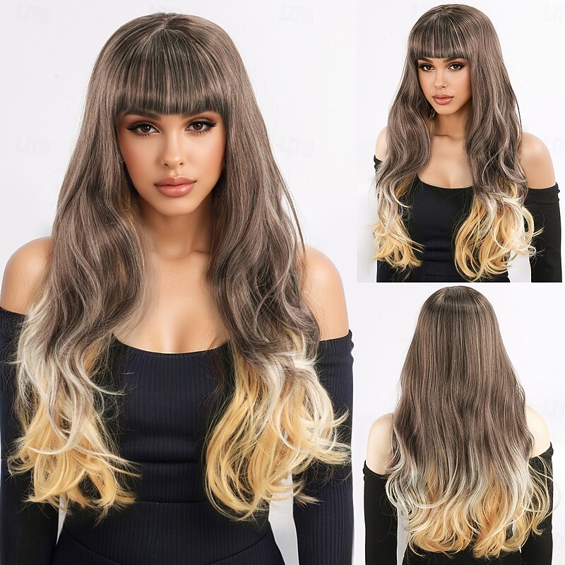 Long Brown and Blonde Wig for Women – Full Bangs, Wavy Big Curls, Fashionable Synthetic Wig, Perfect for Trendy Looks and Everyday Style