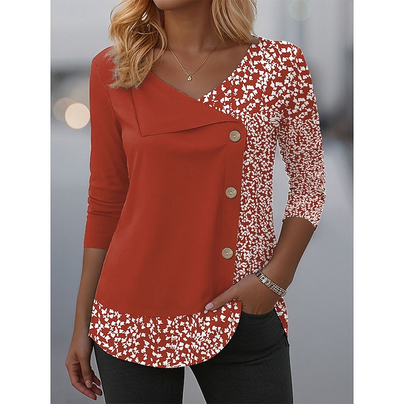 Women's Blouse Tunic V Neck Long Sleeve Buttons Floral Graphic Fashion Stylish Casual Crew Neck Regular Tops Daily Patchwork Print Red Blue Purple Green Spring Fall Winter