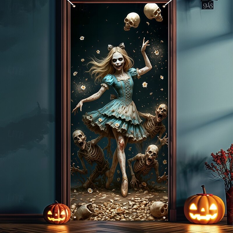 Halloween Door Cover – Creepy Porcelain Doll in Blue Dress, Haunted House Entrance Banner, Scary Outdoor & Indoor Decoration for 2025 Halloween Bedroom, Living Room, Bathroom