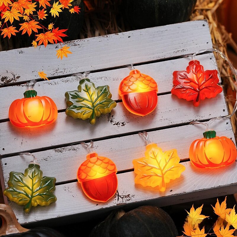 Thanksgiving LED Maple Leaf Pumpkin String Lights Battery Powered 1.5m 10LED Halloween Thanksgiving Acorn Maple Leaf Pumpkin Lantern Home Balcony Garden Fence Decoration3