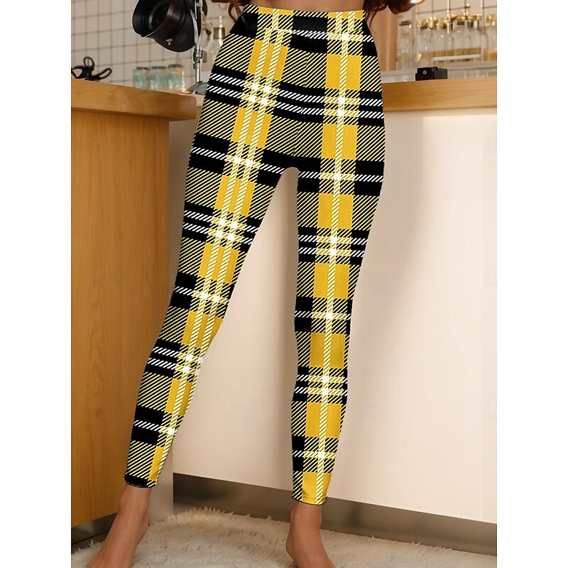 Women's Leggings Vacation Vintage Fashion Ankle-Length High Waist Graphic Geometric Plaid Checkered Printing Soft Breathable Stretchy Outdoor Daily Depression Green Black and White Yellow Spring Fall2