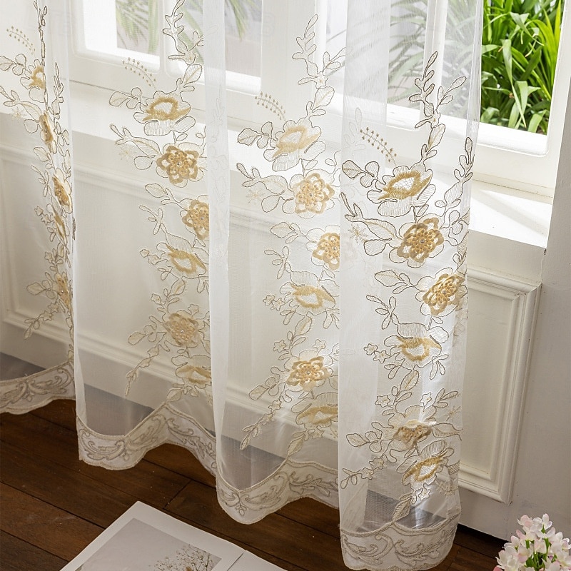 Curtian Drapes Embroidered Sheer Curtains with 3D Floral Applique  Handmade Tulle Drapes for Living Room, Bedroom, or Balcony Modern Minimalist Window Panels, Ready to Hang