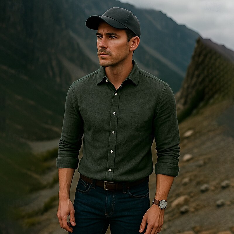 Men's Shirt Blue Army Green Beige Long Sleeve Solid Color Rolled collar Outdoor Causal Buttons Clothing Apparel Daily Casual Daily Leisure