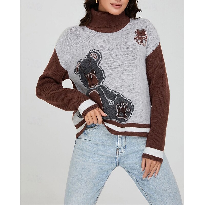 Women's Pullover Casual Color Block Chunky Turtleneck Knitted Long Sleeve Regular Tops Knit Daily Holiday Going out Wine Fall Winter4