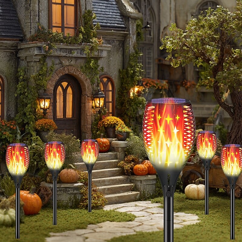 1 Pc Outdoor Waterproof Solar Flashing Flame Torch Ground Light 96 Led Beads Courtyard Garden Lawn Path Halloween Christmas Wedding Party Atmosphere Decoration Light Landscape Light